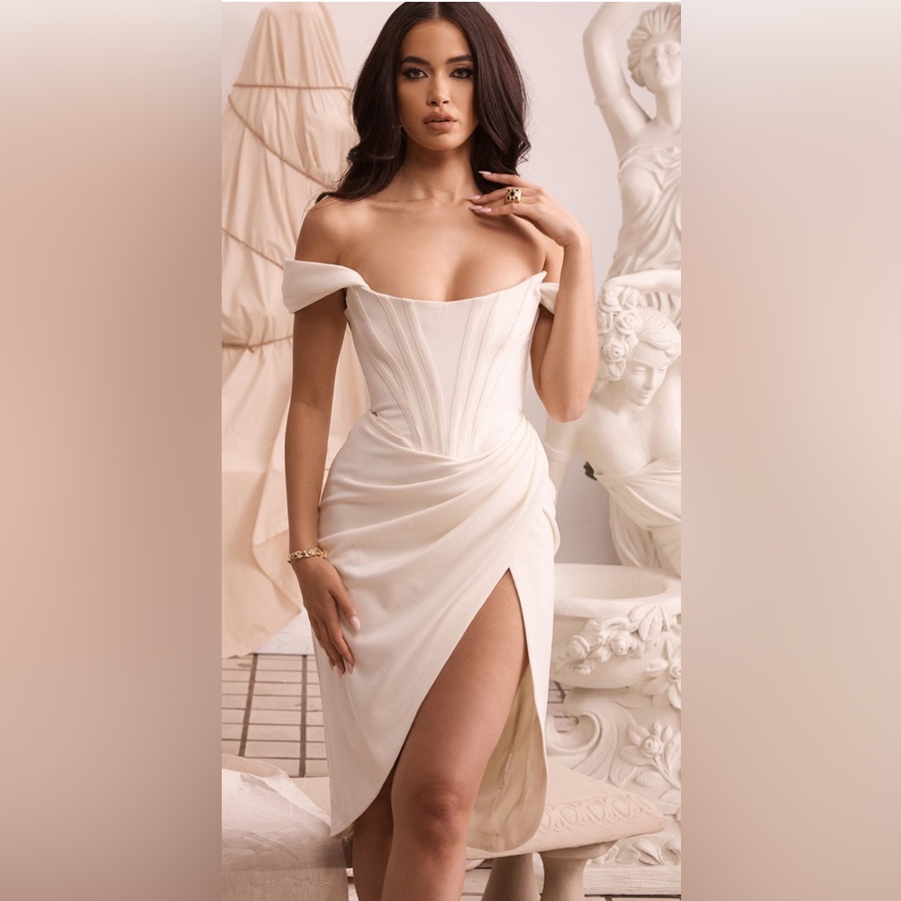 HOUSE OF CB 'Loretta' Ivory Satin Off Shoulder Dress